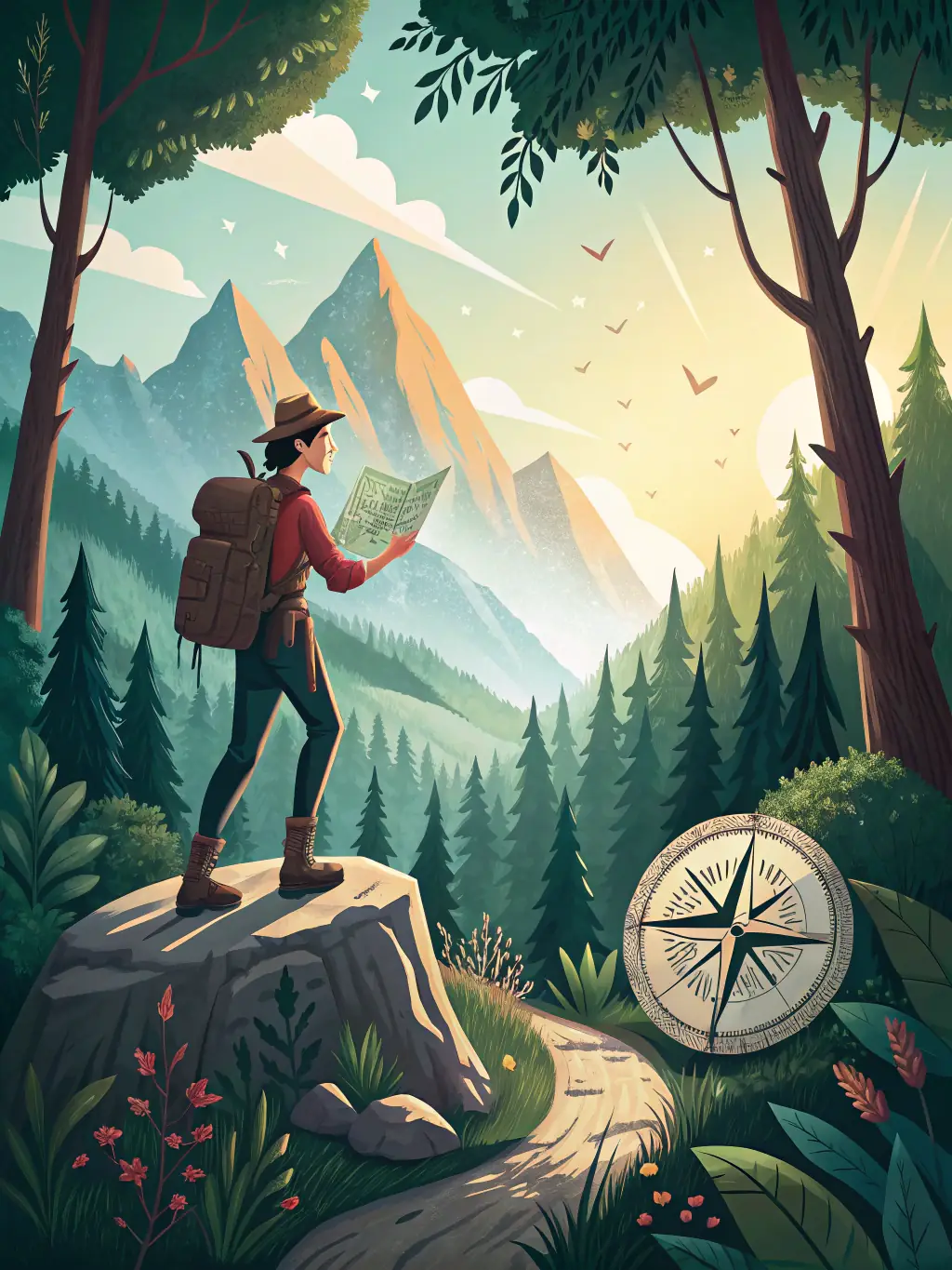 A hiker consulting a detailed trail map and compass in a dense forest, with sunlight filtering through the trees, emphasizing the importance of navigation skills.