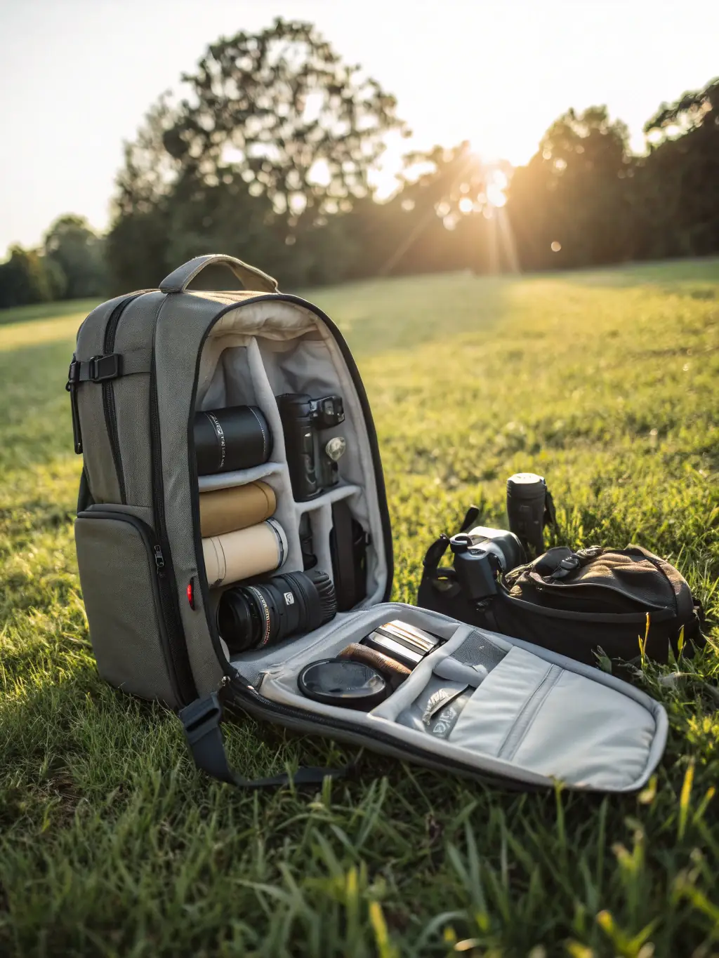 A detailed image showcasing a well-organized hiking backpack with essential gear neatly packed inside, including a first-aid kit, water bottles, a map, and a compass, set against a backdrop of a mountain trail.