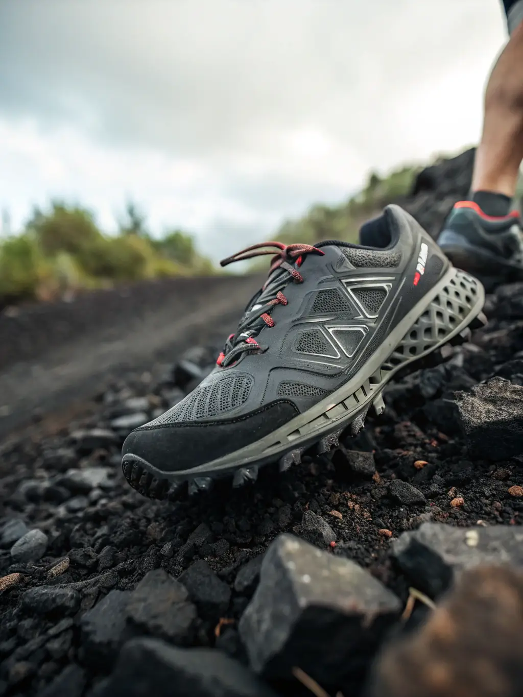 A close-up shot of various hiking boots, highlighting different sole patterns, ankle support features, and material types, arranged on a rocky surface to emphasize their ruggedness.
